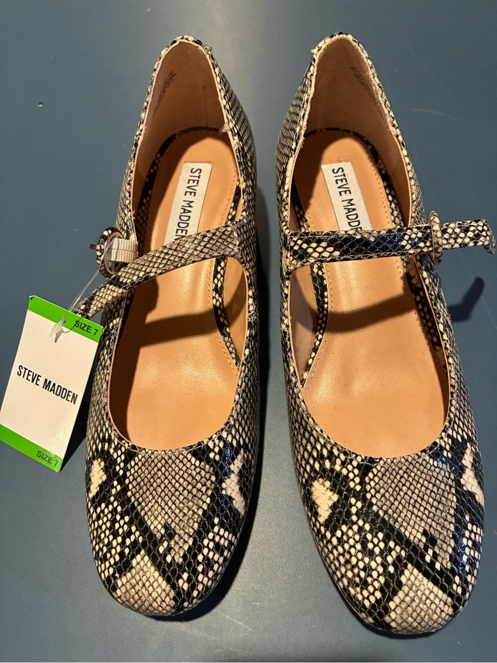 Steve Madden Snake-Print Mary Jane Flats in Black, White & Tan 7 M NWOB